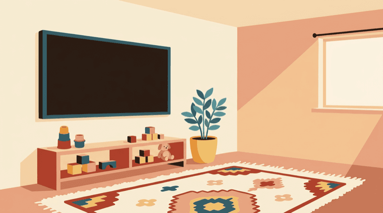 The Joonam wall mounted in a family room, showing today's plan
